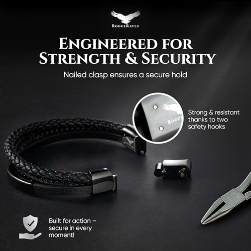 RogueRaven Black Leather Bracelet for Men – Premium Collection – Brown Black Gold Silver | Genuine Leather Mens Bracelet with Stainless Steel Clasp [Adjustable] | In Luxury Gift Box - color: black black