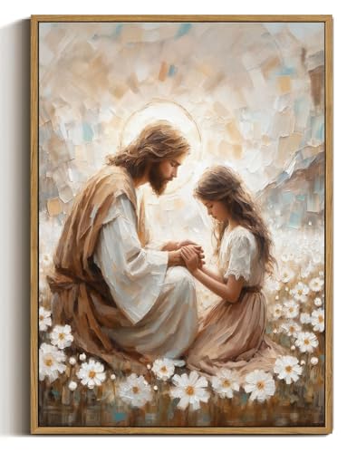 Jesus and Girl Praying Framed Canvas Wall Art 16x24 inch - color: Sea of Flowers, size: 16"x24" Natural