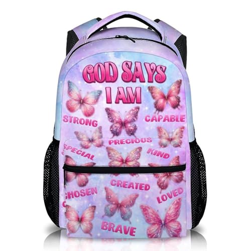 Backpack for Girls 6-8 Primary School Students, Butterfly Backpacks God Says I Am Bookbag with Pockets for Kids Girls Back to School Gifts - color: Blue