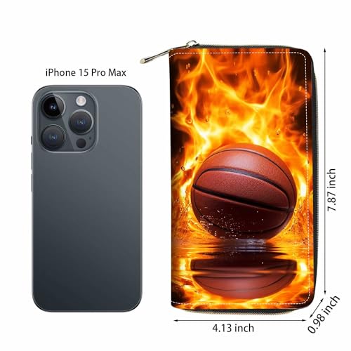 Burning Basketball Print Wallet for Women Large Capacity Wallet Credit Card Holder PU Leather Zipper Clutch Purse Phone Wallet - color: Burning Basketball
