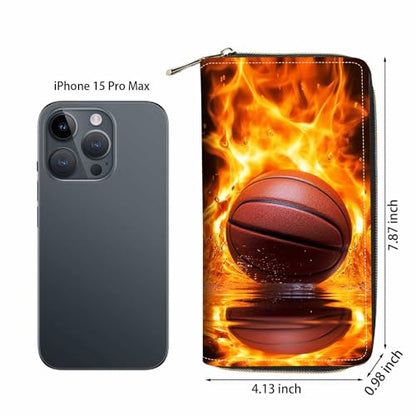 Burning Basketball Print Wallet for Women Large Capacity Wallet Credit Card Holder PU Leather Zipper Clutch Purse Phone Wallet - color: Burning Basketball