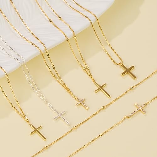 Poxtex Cross Necklace for Women Teen Girls, Dainty 14K Gold Silver Plated Cross Choker Jewelry Non Tarnish Waterproof Cute Simple Small Necklace Christian Baptism Religious Faith Jewelry Gifts - color: 08 Stack Cross CZ Necklace - Gold