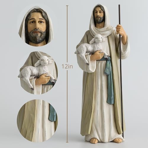 Good Shepherd Statue Jesus Holding Lamb 12inch Religious Modern Home Decor Figurine Indoor Tabletop Religious Gift - size: 12inch