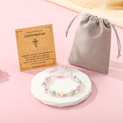 First Communion Confirmation Gifts for Girls, Cross Natural Beads Bracelet Christian Religious Jewelry Gifts for Kids Teen Girls - style: Confirmation