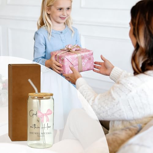 IWXYI Pink Coquette Bow Christian Glass Cup with Lids and Straws 14oz, God Is within Her She Will Not Fall Bible Verse Religious Iced Coffee Tea Drinking Glasses with Cleaning Brush - color: Pink bow