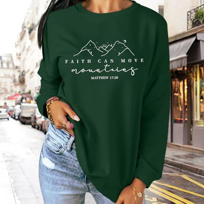 Pairxily Christian Sweatshirts for Women Faith Can Move Mountains Sweatshirt Bible Verse Religious Long Sleeve Crewneck Tops - color: Green, size: X-Large