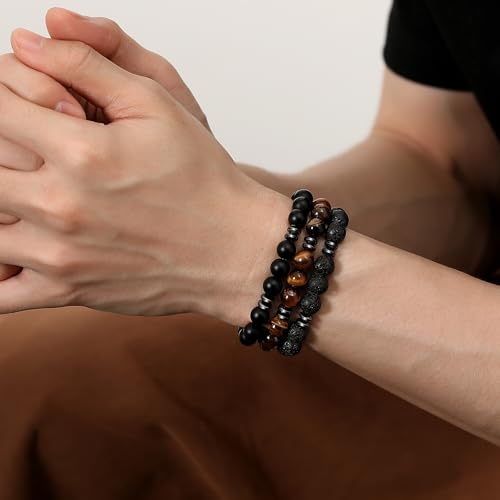 Mens Beaded Bracelets, 8MM Beaded Bracelets for Men, Natural Tiger Eye Bead Bracelet, Stretch Elastic Beads Bracelets for Men - color: 3 tiger eye black agate volcanic