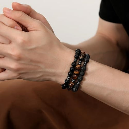 Mens Beaded Bracelets, 8MM Beaded Bracelets for Men, Natural Tiger Eye Bead Bracelet, Stretch Elastic Beads Bracelets for Men - color: 3 tiger eye black agate volcanic