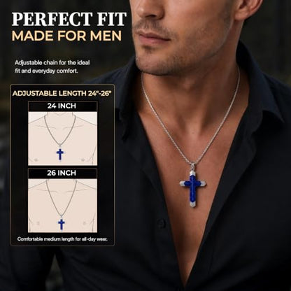 Lapis Lazuli/Amethyst Cross Necklace for Men Waterproof and Sweat-Resistant Suitable for both men and women With Adjustable Box Chain Christian Jewelry Father Day Gifts for Men - color: Blue&Silver