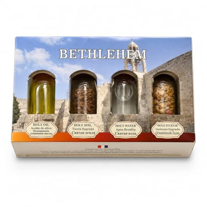 Authentic Holy Land Blessing Set – 4-Piece Biblical Elements Gift Box with Anointing Olive Oil, Sacred Jerusalem Soil, Jordan River Holy Water & Aromatic Frankincense Incense (Bethlehem)
