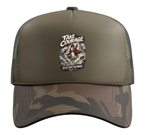 Take Courage It is I. Don't Be Afraid Bible Verse Art Trucker Hat with Adjustable Mesh Back - color: Camo Green