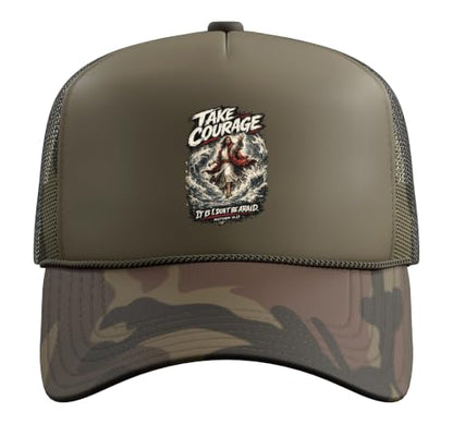 Take Courage It is I. Don't Be Afraid Bible Verse Art Trucker Hat with Adjustable Mesh Back - color: Camo Green
