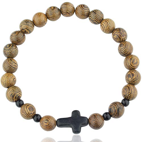 Wood Beaded Cross Bracelet for Men: Confirmation Gifts for Teens First Communion Religious Cross Statement - style: Wood Bead and Stone Cross
