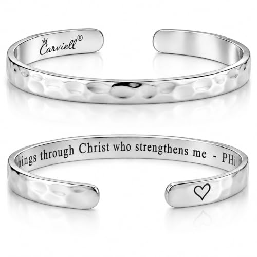 Carviell Bracelets for Women – 100+ Meaningful Engraved Messages – Solid 316L Surgical Stainless Steel Cuff Bracelet – Gift Ready - color: CHRISTIAN GIFT - I can do all things through Christ who strengthens me