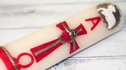 Red Gold Cross Jesus Sacred Heart 1st Confirmation Unique Paschal Gold-Tone Candle Alpha Omega Cross Sheep Baptism Easter Lent Batuizo Devotional Cirio CONFIRMACION