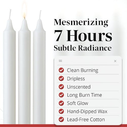 PARNOO 8" White Unscented Tapered Candles, 40 Pcs 7-Hour Long Burn Time, Dripless & No Soot - Hand-Dipped Tall Candles for Weddings, Dinners, Parties, & Special Occasions - size: 7 Hours Pack of 40