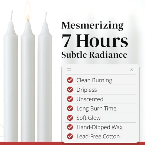 PARNOO 8" White Unscented Tapered Candles, 40 Pcs 7-Hour Long Burn Time, Dripless & No Soot - Hand-Dipped Tall Candles for Weddings, Dinners, Parties, & Special Occasions - size: 7 Hours Pack of 40