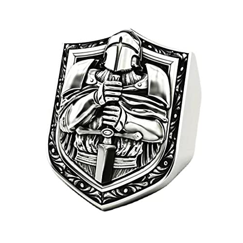 Knights Cross Sword Armor Shield Templar Rings for men Biker 316 Stainless Steel Rings Paladin Worrior Hunter style Iced Out Jewelry Punk Ring Hip Hop Heavy Metal mens fashion rings - size: 8