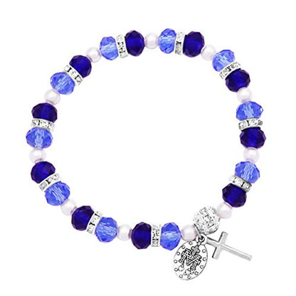 Rosemarie Collections Women's Beaded Stretch Rosary Bracelet with Crucifix and Miraculous Medal - color: Light and Dark Blue