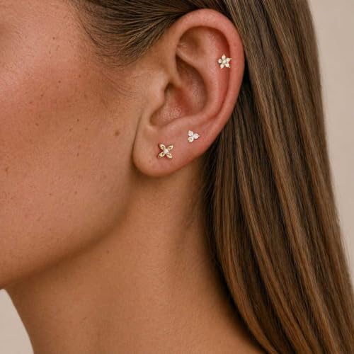 Flat Back Earrings - 14K Gold Plated Tiny CZ Butterfly Cross Moon Flat Back Stud Earrings Dainty Cartilage Earring Set Hypoallergenic Helix Earrings for Women Trendy Tragus Piercing Jewelry - color: Gold-Set1
