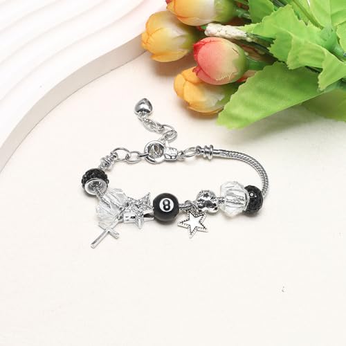 Y2k Charm Bracelet for Women Star Cross 8 Ball Leopard Beaded Bracelet - color: silver