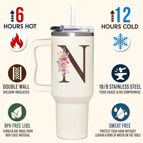 Personalized Gifts for Women, Customized Mother's Day, Birthday, Xmas Gift For Grandma, Mom, Wife, Friends, Sisters, Coworkers, Monogrammed Tumbler 40oz with Lid and Straw - color: N