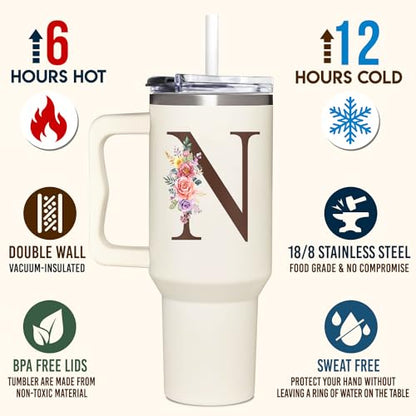 Personalized Gifts for Women, Customized Mother's Day, Birthday, Xmas Gift For Grandma, Mom, Wife, Friends, Sisters, Coworkers, Monogrammed Tumbler 40oz with Lid and Straw - color: N
