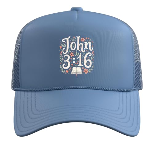 John 3:16 Bible Verse Flowers Christian Religious Women Trucker Hat with Adjustable Mesh Back - color: Light Blue