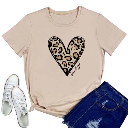 YITAN Women Graphic Tshirts Cute Leopard Heart Tops - color: Apricot, size: Large