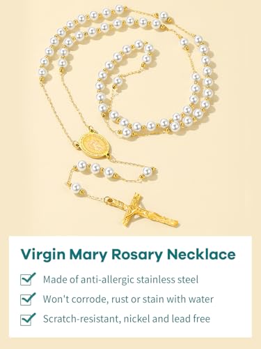 Supcare Rosary for Men Women Catholic Necklace Rosary Beads Customized - color: F04-Mary Yellow White Pearl
