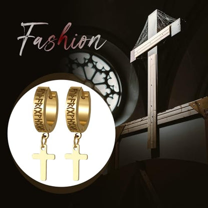 Cupimatch 3-6 Pairs Stainless Steel Cross Dangle Huggie Hinged Hoop Earrings for Men Women (1 Pair Silver Cross) for Mother's Day - color: hoop-gold