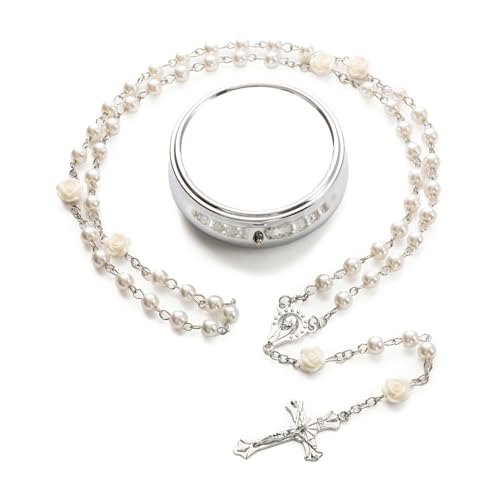 Rosary Beads Catholic - Confirmation Gifts for Teenage Girl, Silver Simple Style Metal Gift Box, White Artificial Pearls Rosary, Gifts for Women - color: Off White (flower)