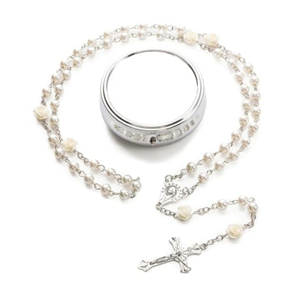 Rosary Beads Catholic - Confirmation Gifts for Teenage Girl, Silver Simple Style Metal Gift Box, White Artificial Pearls Rosary, Gifts for Women - color: Off White (flower)