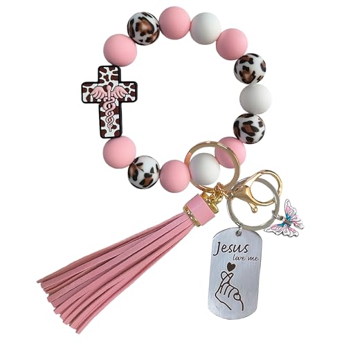 SHINYHARBOR Silicone Beaded Wristlet Keychain Bracelet,Key Wrist Keychains for Women Mom Teachers Best Friend - color: Cross-pink Angel