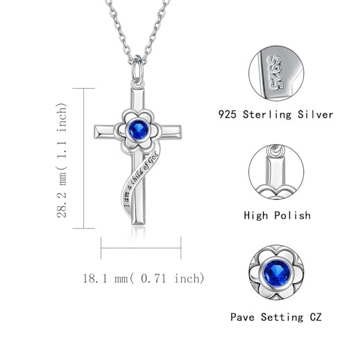 I am a Child of God Necklace - 925 Sterling Silver Birthstone Flower Cross Pendant Religious Jewelry Baptism First Communion Confirmation Gifts for Girls - style: Sept.