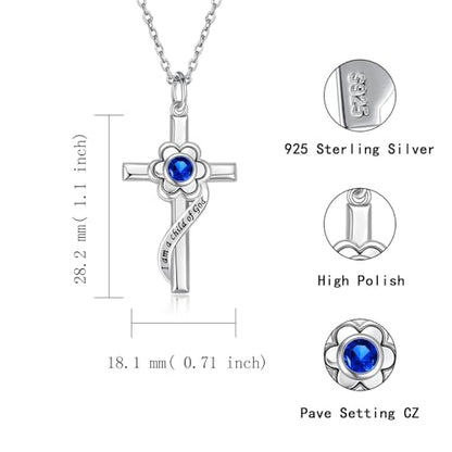 I am a Child of God Necklace - 925 Sterling Silver Birthstone Flower Cross Pendant Religious Jewelry Baptism First Communion Confirmation Gifts for Girls - style: Sept.