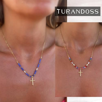 Turandoss Layered Cross Necklaces Stack for Women Girls, Christian Gift - color: Cross-Colorful Beaded
