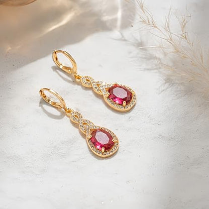 18K Gold Plated, Dangle Earrings for Women, Flower/Heart Drop earrings, Hypoallergenic Cubic Zirconia Earrings, Lightweight, Party, gold earrings, Jewelry for Gifts, Fashion - style: 0470-Red
