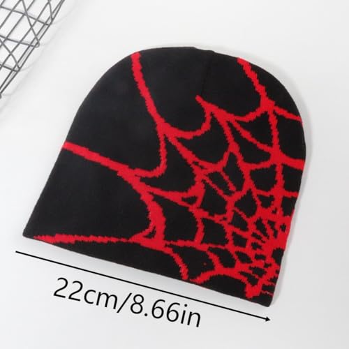 Unisex Stretch Warm Winter Skull Cap, Cold Weather Knit Beanie - color: Red Spider Web Pattern