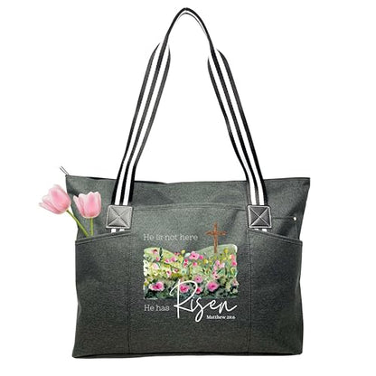 Brooke & Jess Designs Church Bags for Women - Bible Tote Bags for Women, Large Tote Bag for Womens with Zipper - color: Black Tessa He is Risen