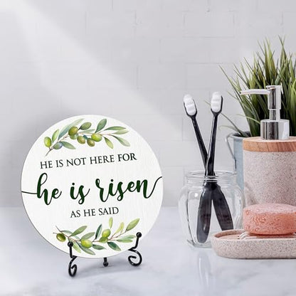 He Is Risen Sign, Religious Easter Decorations for Home Office, Christian Round Wood Plaque with Stand, Easter Table Decor for Entryway Shelf, Resurrection Decor for Easter, Spring Gifts (42)