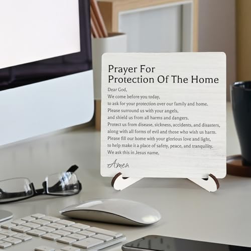 Christian Prayer Room Wooden Sign Desk Decor, Prayer for Protection of the Home Wood Plaque Sign With Stand for Church Home Office Desk Table Shelf Decoration, 5x5 Inch - color: Home Prayer, size: 5x5x1.1 in