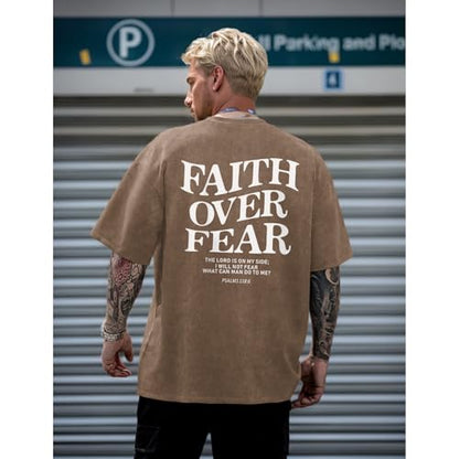 Christian Faith Over Fear Shirt for Men Jesus Religious Shirts Oversized Graphic Tees Acid Wash God T-Shirt - color: Coffee, size: Medium