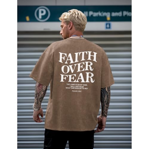 Christian Faith Over Fear Shirt for Men Jesus Religious Shirts Oversized Graphic Tees Acid Wash God T-Shirt - color: Coffee, size: Small