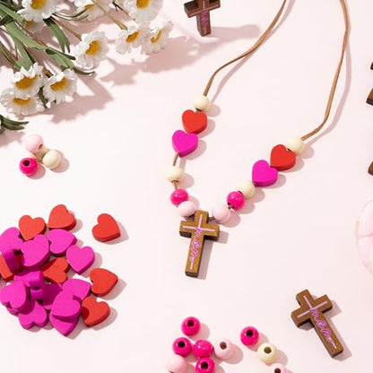 BeYumi Mother's Day Necklace Craft - 24Pcs Mother's Day DIY Wooden Cross Beads Necklace Craft Kit for Kids to Mom Gift Christian Religious Decor Family Sunday School Classroom Party Fun Activities - style: Mom