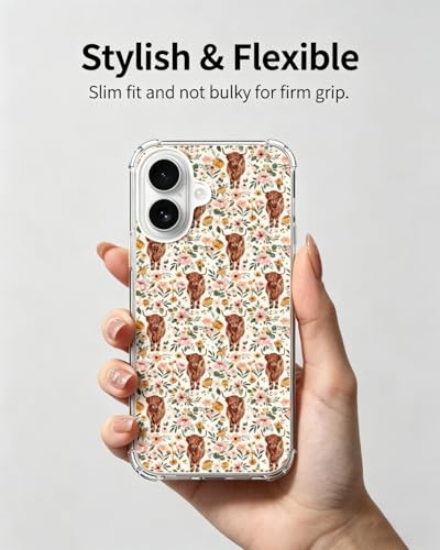 Highland Cow Floral Phone Case Compatible with iPhone 17, Cute Cattle Flowers Phone Cover for iPhone 17 - color: Cute Cow