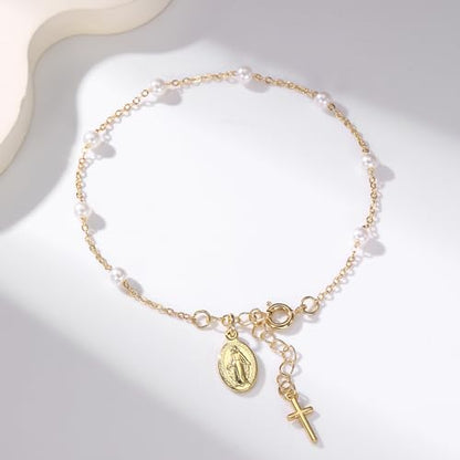 Rosary Bracelet for Women, Dainty 14K Gold Plated Virgin Mary Cross Charm Bracelet Catholic First Communion Baptism Religious Gifts for Her - color: Style A：Dainty Rosary