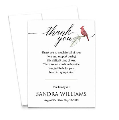 Modern Pink Paper Personalized Memorial Thank You Cards Cardinal Funeral Sympathy Thank you Note Cards, Celebration of Life Notecards, Your Choice of Quantity and Envelope Color - color: Cardinal Flat
