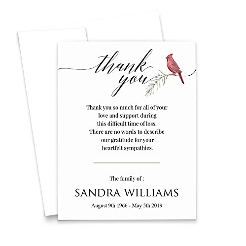 Modern Pink Paper Personalized Memorial Thank You Cards Cardinal Funeral Sympathy Thank you Note Cards, Celebration of Life Notecards, Your Choice of Quantity and Envelope Color - color: Cardinal Flat