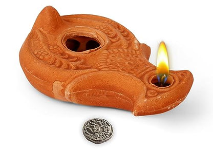 Christian & Jewish Holy Land Oil Lamp with Widow’s Mite Coin – Unique Handmade Gift of Faith - color: Brown